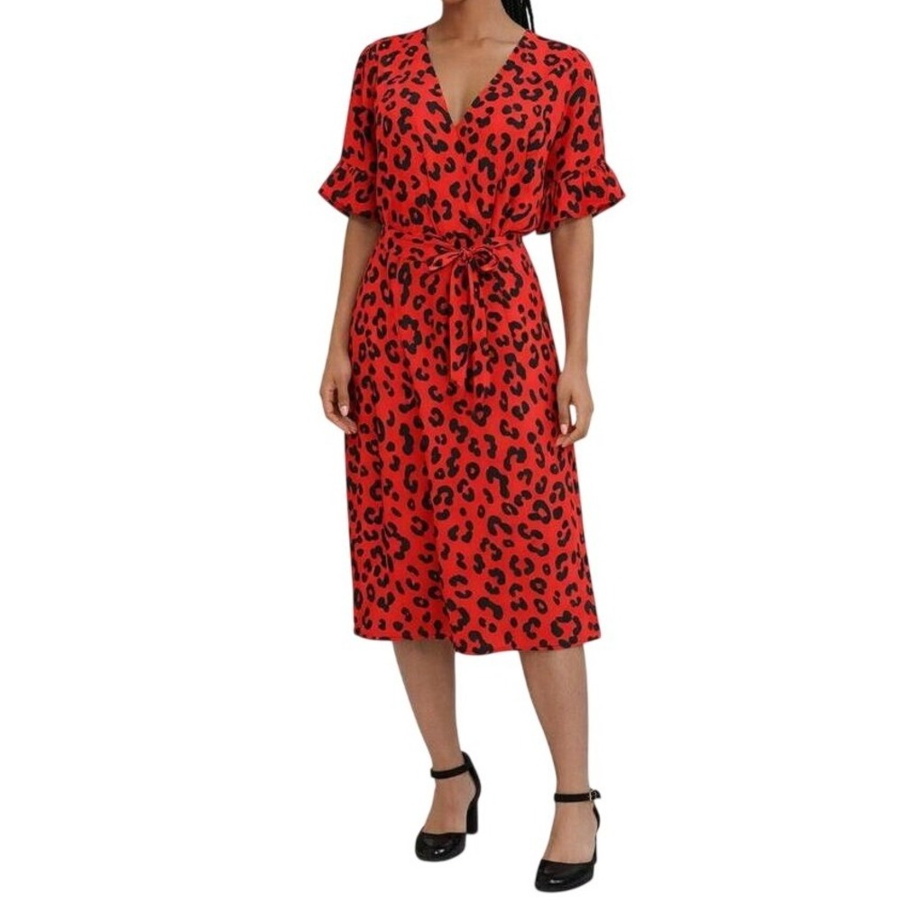 Who What Wear Red Leopard Print Wrap‎ Midi Dress Short Flutter Sleeve XS